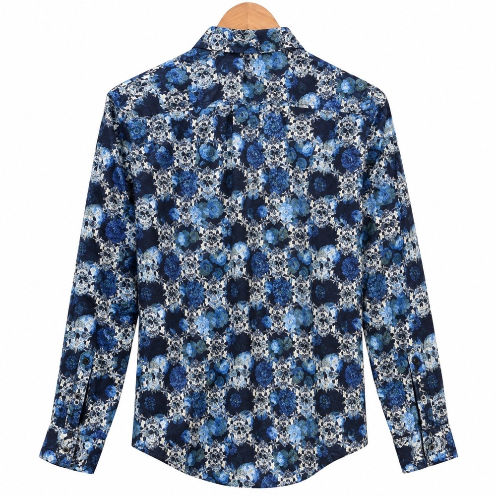 Robert Graham Shirt Mens M Blue Skull Floral Long Sleeve Gothic Party Halloween - Picture 3 of 8